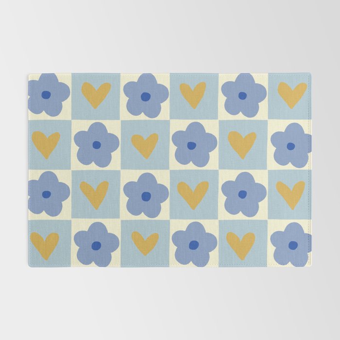 Blue floral checkerboard Rug Gallery Image 2