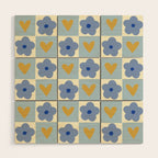 Blue floral checkerboard Wood Wall Art Gallery Image 1