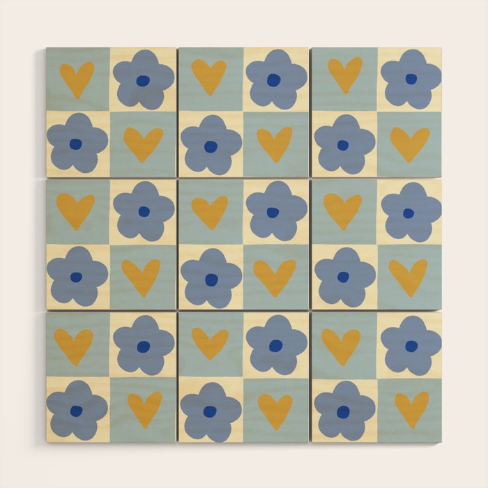 Blue floral checkerboard Wood Wall Art Gallery Image 1