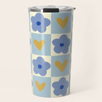 Blue floral checkerboard Travel Mug Gallery Image 1