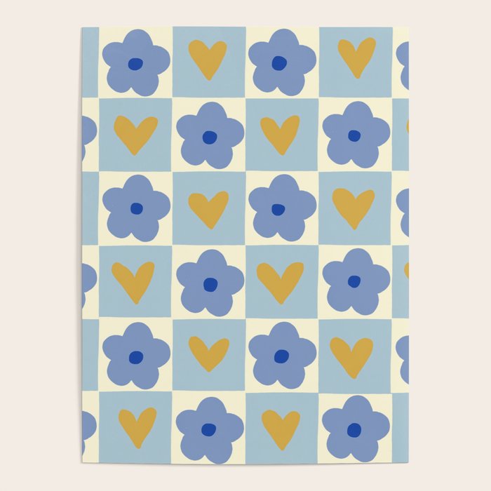 Blue floral checkerboard Poster Gallery Image 1