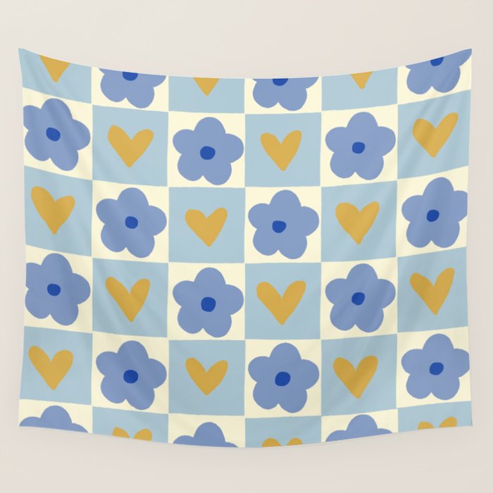 Blue floral checkerboard Wall Tapestry Gallery Image 1