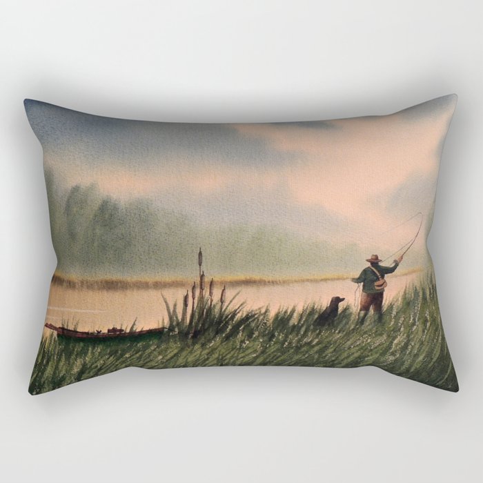 The Fly Fisherman With His Loyal Friend Rectangular Pillow Gallery Image 2