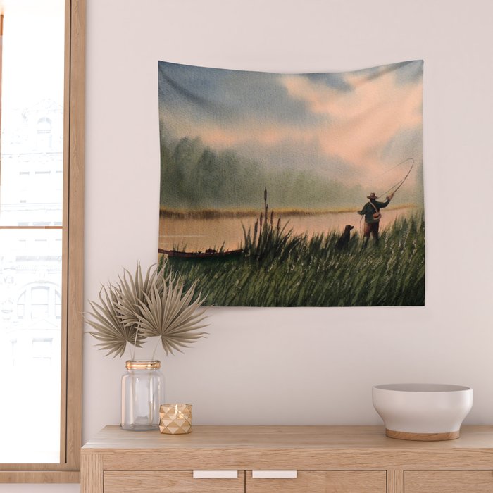 The Fly Fisherman With His Loyal Friend Wall Tapestry Gallery Image 2