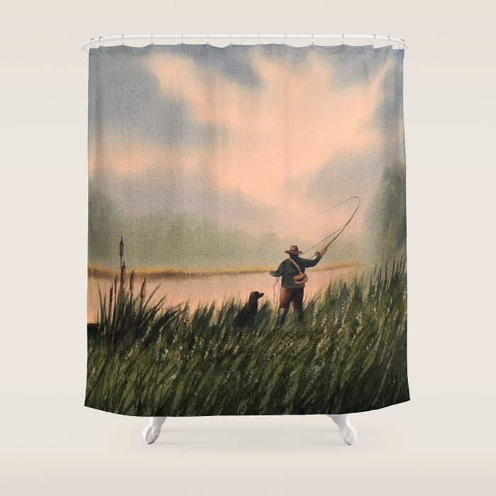 The Fly Fisherman With His Loyal Friend Shower Curtain Gallery Image 1