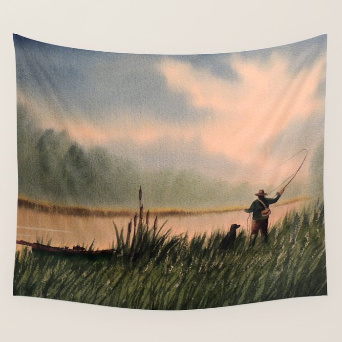 The Fly Fisherman With His Loyal Friend Wall Tapestry Gallery Image 1