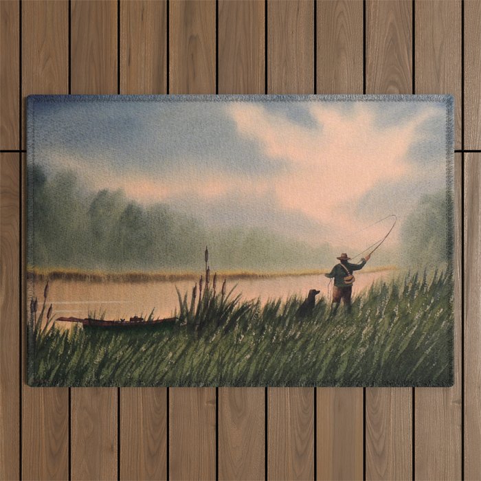 The Fly Fisherman With His Loyal Friend Outdoor Rug Gallery Image 1