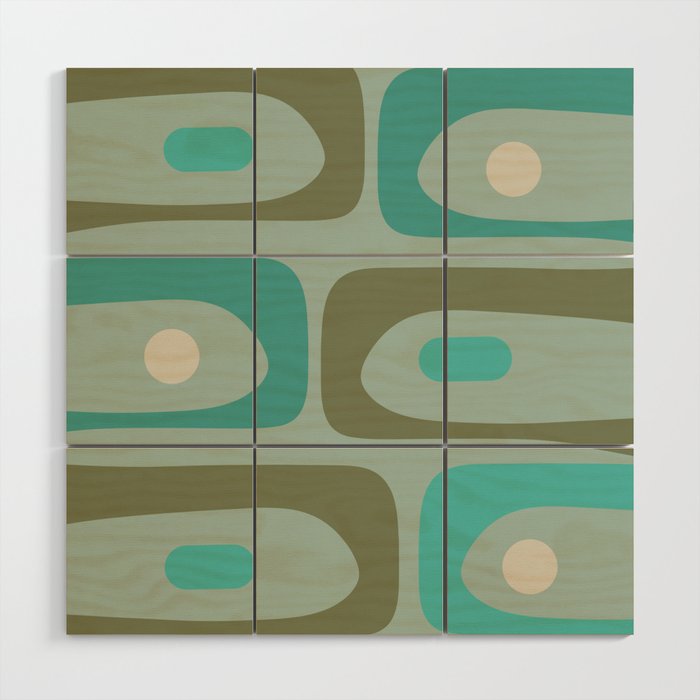 Piquet Mid Century Modern Abstract Pattern in Vintage Turquoise and Olive Wood Wall Art Gallery Image 1