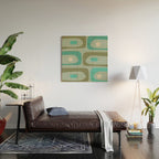 Piquet Mid Century Modern Abstract Pattern in Vintage Turquoise and Olive Wood Wall Art Gallery Image 2