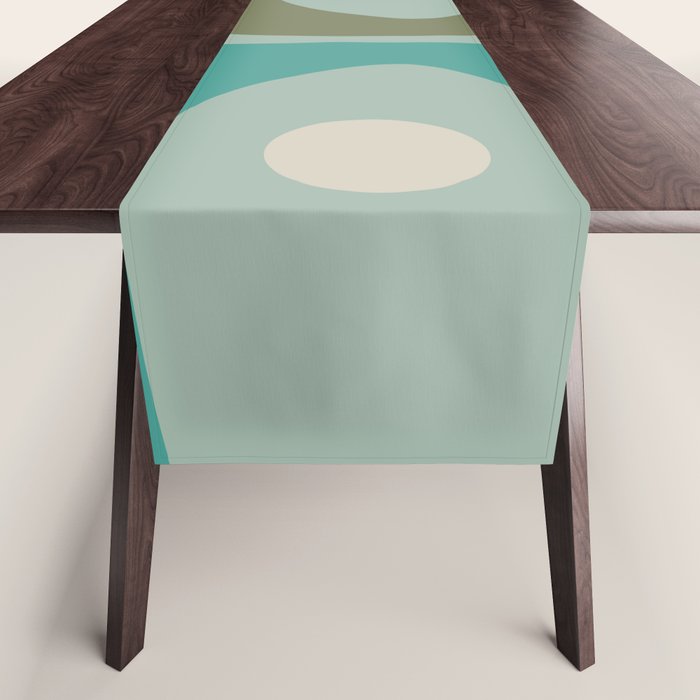 Piquet Mid Century Modern Abstract Pattern in Vintage Turquoise and Olive Table Runner Gallery Image 1