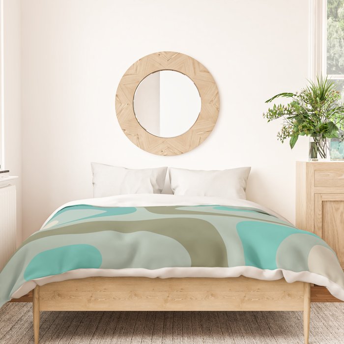 Piquet Mid Century Modern Abstract Pattern in Vintage Turquoise and Olive Duvet Cover Gallery Image 3