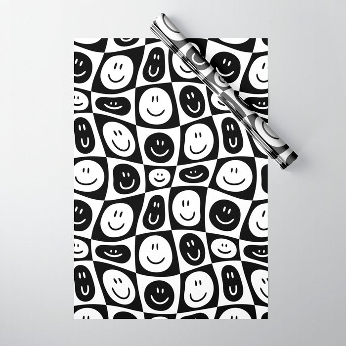 Black and white checkered happy face pattern Wrapping Paper Gallery Image 1