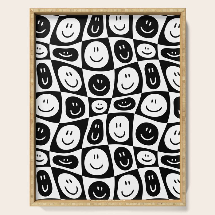 Black and white checkered happy face pattern Serving Tray Gallery Image 1