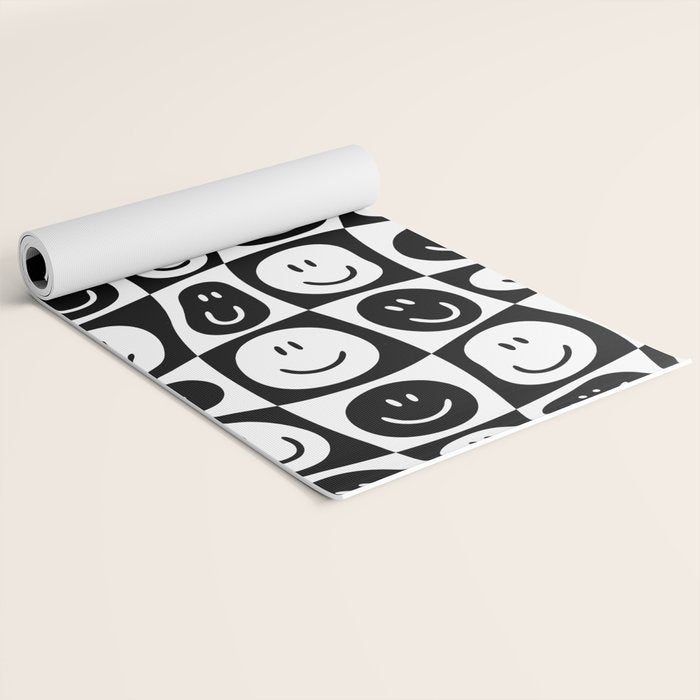 Black and white checkered happy face pattern Yoga Mat Gallery Image 2