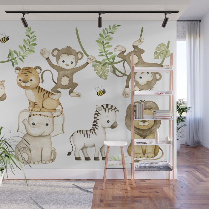 Watercolor Safari Jungle Animals  Wall Mural