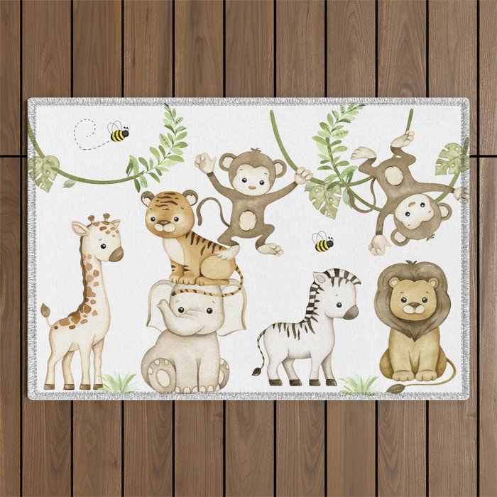Watercolor Safari Jungle Animals  Outdoor Rug Gallery Image 1