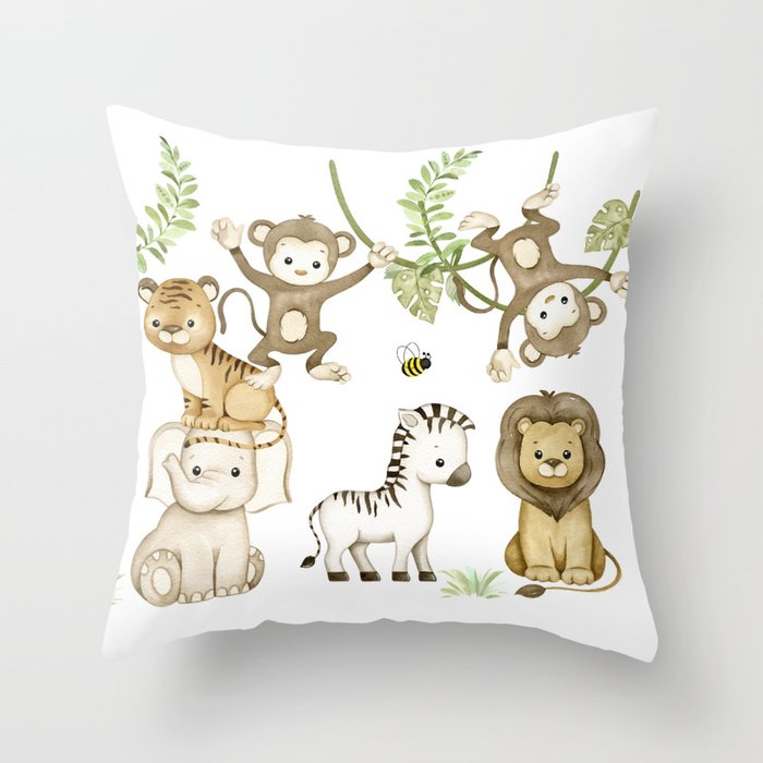 Watercolor Safari Jungle Animals  Throw Pillow Gallery Image 1