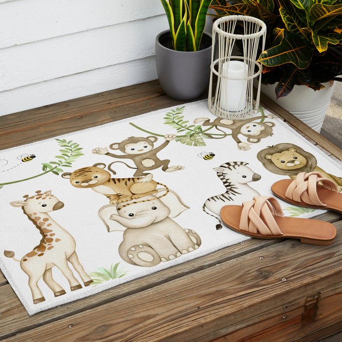 Watercolor Safari Jungle Animals  Outdoor Rug Gallery Image 2