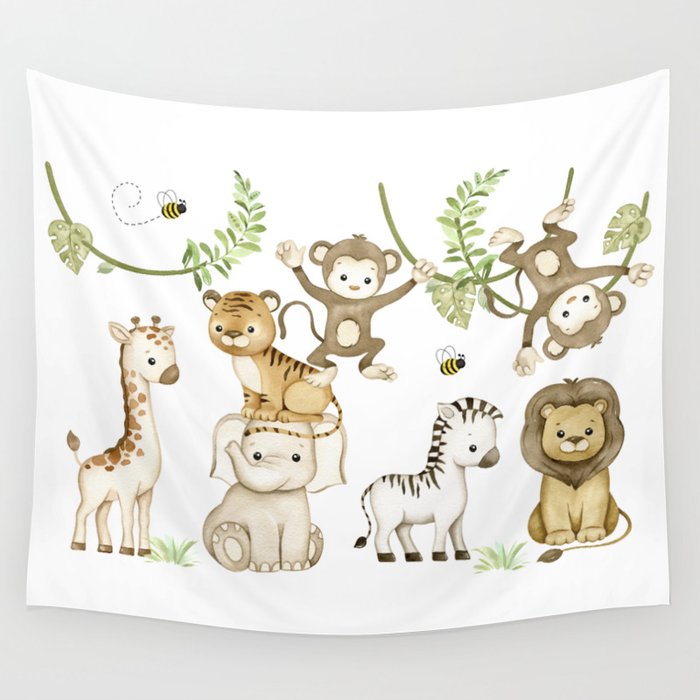 Watercolor Safari Jungle Animals  Wall Tapestry Gallery Image 4