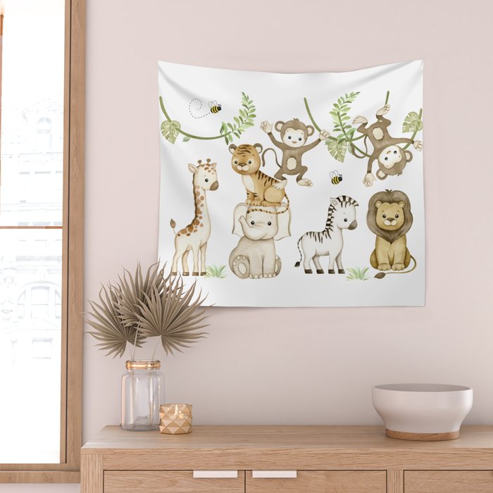Watercolor Safari Jungle Animals  Wall Tapestry Gallery Image 2