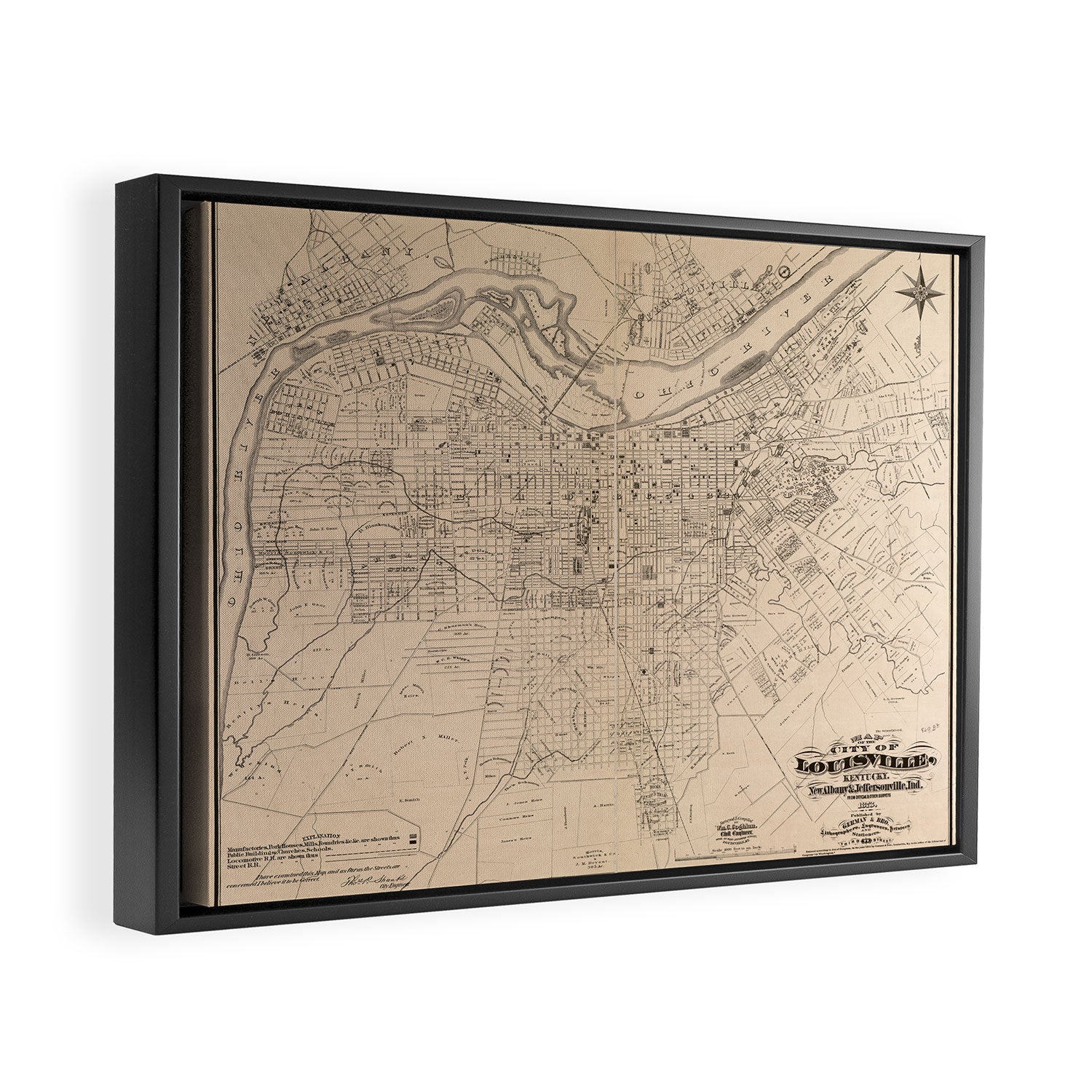 Vintage Map of Louisville Kentucky (1873) Framed Canvas Print Gallery Image 6