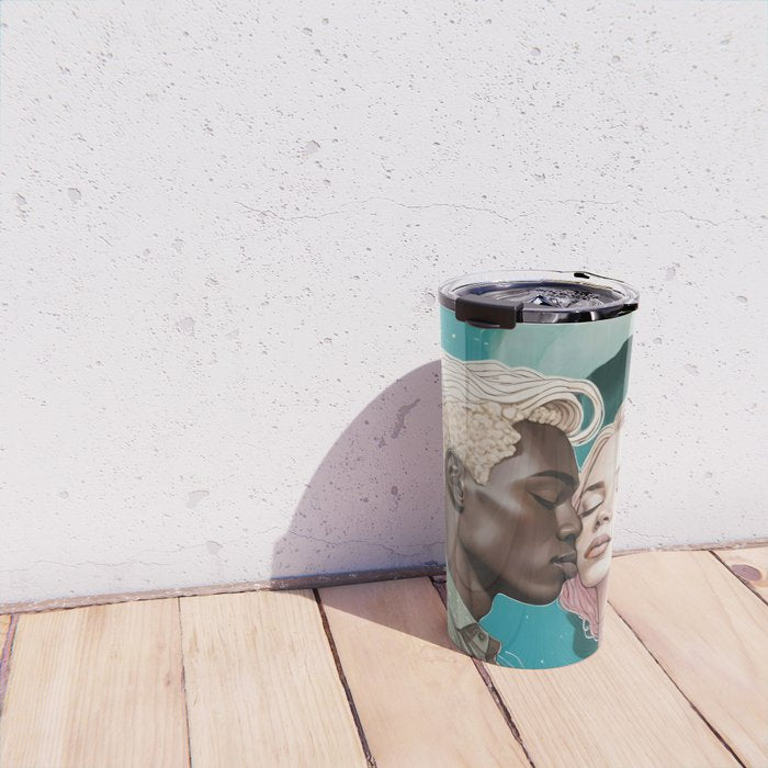 Cosmic Romance, Love Passion Race Diversity, Anti-racism Equality Mindset Society, Community Marriage Couple Interracial Painting Travel Mug Gallery Image 4