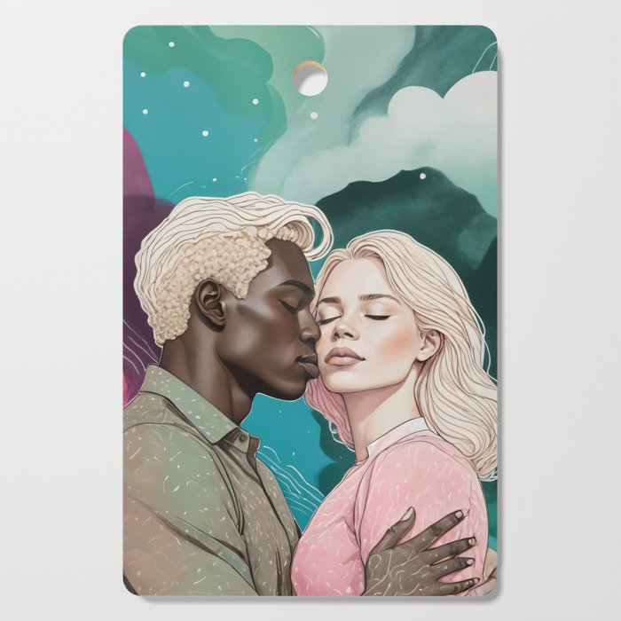 Cosmic Romance, Love Passion Race Diversity, Anti-racism Equality Mindset Society, Community Marriage Couple Interracial Painting Cutting Board Gallery Image 1