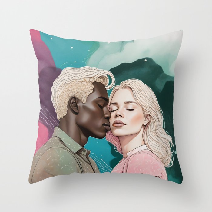 Cosmic Romance, Love Passion Race Diversity, Anti-racism Equality Mindset Society, Community Marriage Couple Interracial Painting Throw Pillow Gallery Image 1