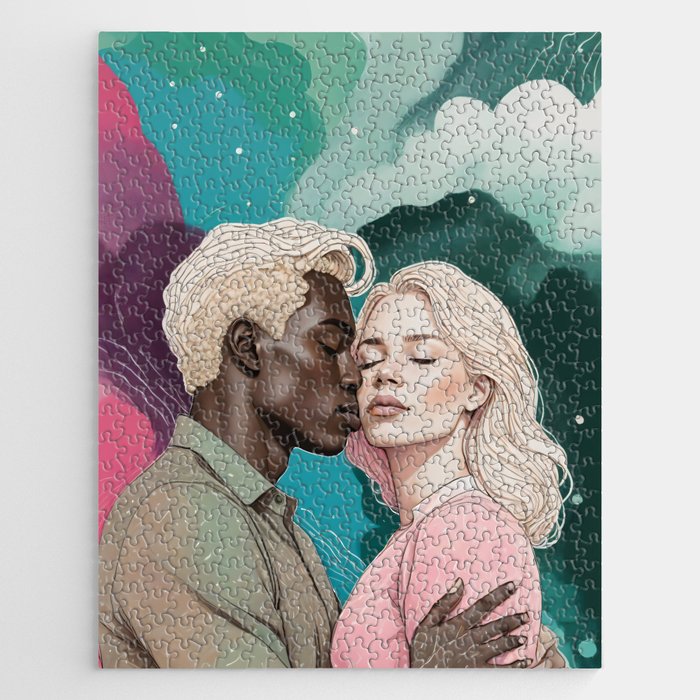 Cosmic Romance, Love Passion Race Diversity, Anti-racism Equality Mindset Society, Community Marriage Couple Interracial Painting Jigsaw Puzzle Gallery Image 1