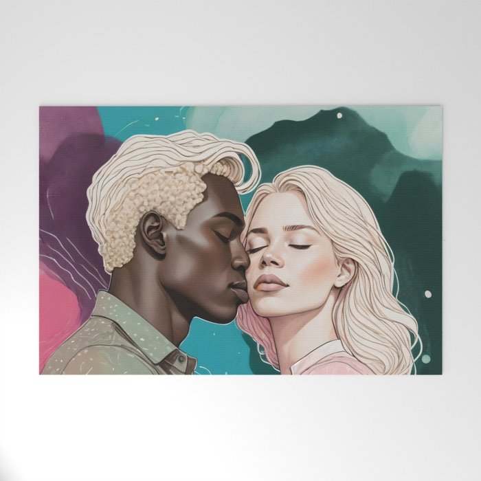 Cosmic Romance, Love Passion Race Diversity, Anti-racism Equality Mindset Society, Community Marriage Couple Interracial Painting Welcome Mat Gallery Image 1