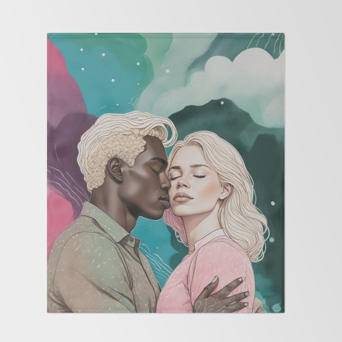 Cosmic Romance, Love Passion Race Diversity, Anti-racism Equality Mindset Society, Community Marriage Couple Interracial Painting Throw Blanket Gallery Image 2