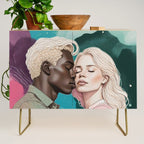 Cosmic Romance, Love Passion Race Diversity, Anti-racism Equality Mindset Society, Community Marriage Couple Interracial Painting Credenza Gallery Image 1