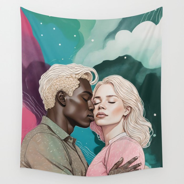 Cosmic Romance, Love Passion Race Diversity, Anti-racism Equality Mindset Society, Community Marriage Couple Interracial Painting Wall Tapestry Gallery Image 4
