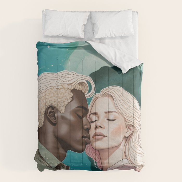 Cosmic Romance, Love Passion Race Diversity, Anti-racism Equality Mindset Society, Community Marriage Couple Interracial Painting Comforter Gallery Image 6