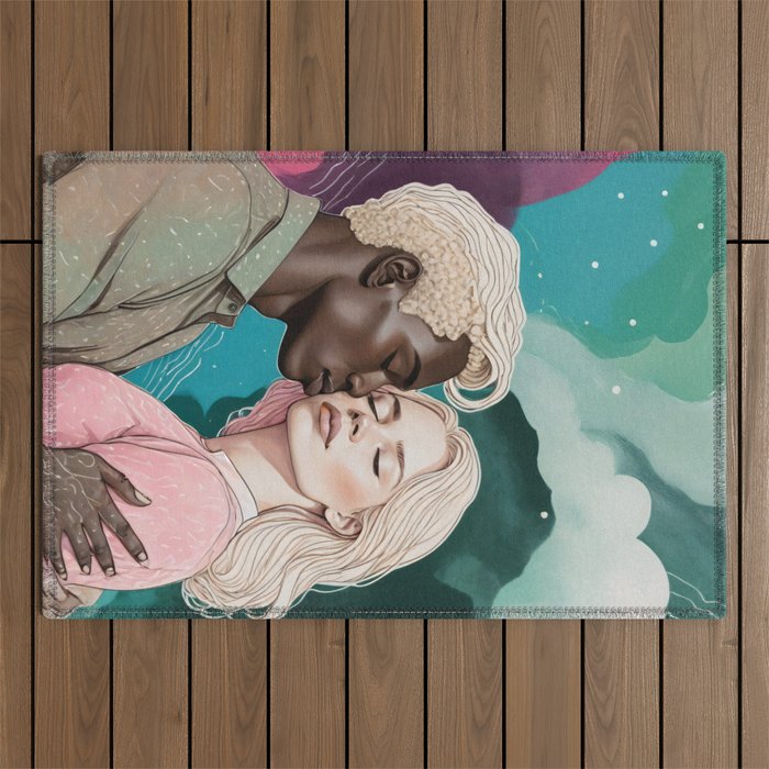 Cosmic Romance, Love Passion Race Diversity, Anti-racism Equality Mindset Society, Community Marriage Couple Interracial Painting Outdoor Rug Gallery Image 1