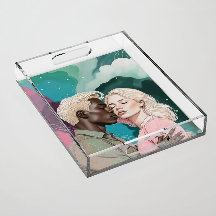 Cosmic Romance, Love Passion Race Diversity, Anti-racism Equality Mindset Society, Community Marriage Couple Interracial Painting Acrylic Tray Gallery Image 1