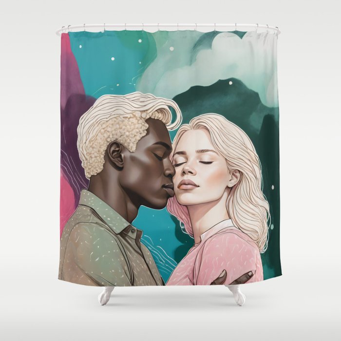 Cosmic Romance, Love Passion Race Diversity, Anti-racism Equality Mindset Society, Community Marriage Couple Interracial Painting Shower Curtain Gallery Image 1