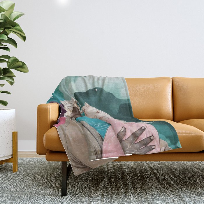 Cosmic Romance, Love Passion Race Diversity, Anti-racism Equality Mindset Society, Community Marriage Couple Interracial Painting Throw Blanket Gallery Image 1