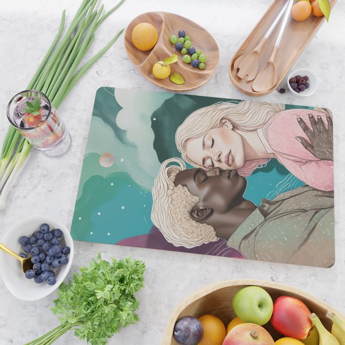 Cosmic Romance, Love Passion Race Diversity, Anti-racism Equality Mindset Society, Community Marriage Couple Interracial Painting Cutting Board Gallery Image 2