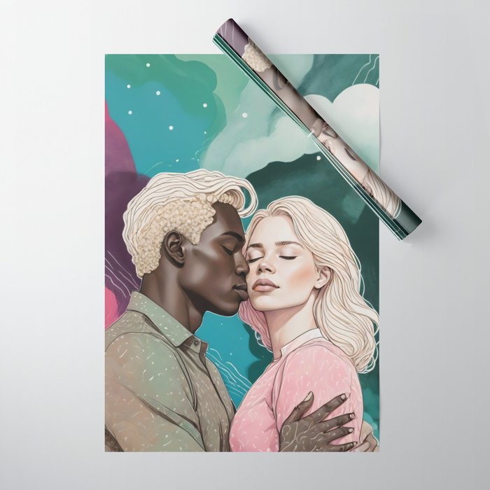 Cosmic Romance, Love Passion Race Diversity, Anti-racism Equality Mindset Society, Community Marriage Couple Interracial Painting Wrapping Paper Gallery Image 1