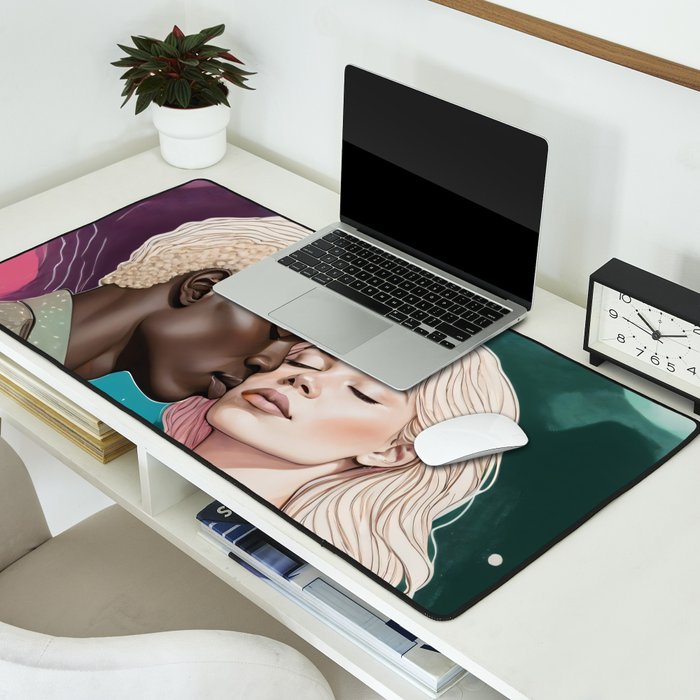 Cosmic Romance, Love Passion Race Diversity, Anti-racism Equality Mindset Society, Community Marriage Couple Interracial Painting Desk Mat Gallery Image 2