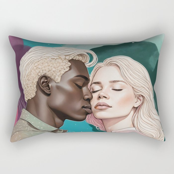 Cosmic Romance, Love Passion Race Diversity, Anti-racism Equality Mindset Society, Community Marriage Couple Interracial Painting Rectangular Pillow Gallery Image 2