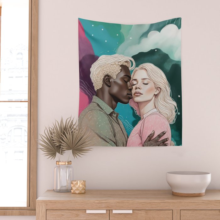 Cosmic Romance, Love Passion Race Diversity, Anti-racism Equality Mindset Society, Community Marriage Couple Interracial Painting Wall Tapestry Gallery Image 2