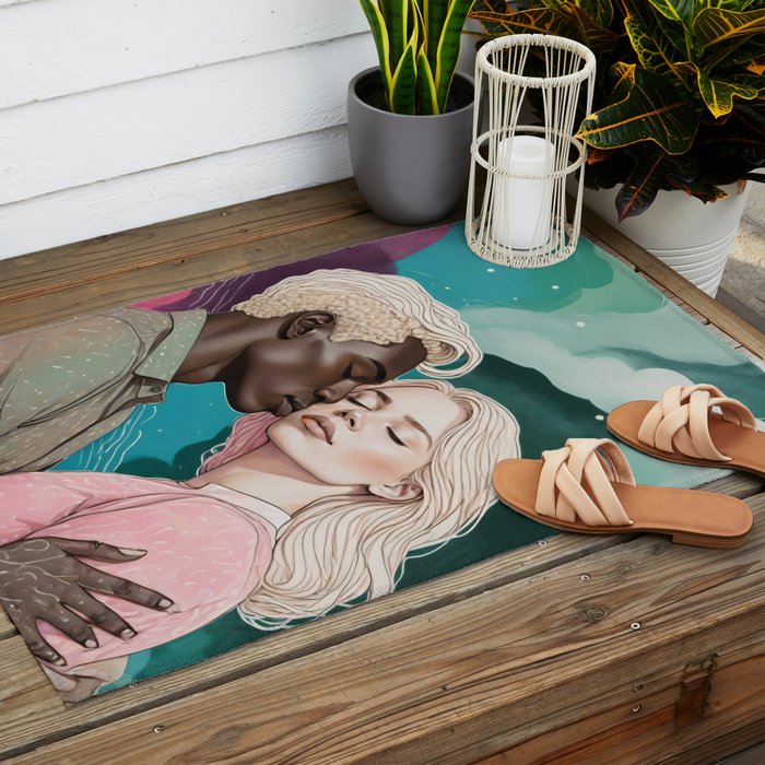 Cosmic Romance, Love Passion Race Diversity, Anti-racism Equality Mindset Society, Community Marriage Couple Interracial Painting Outdoor Rug Gallery Image 2