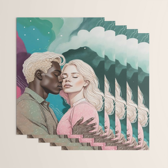 Cosmic Romance, Love Passion Race Diversity, Anti-racism Equality Mindset Society, Community Marriage Couple Interracial Painting Wrapping Paper Gallery Image 3