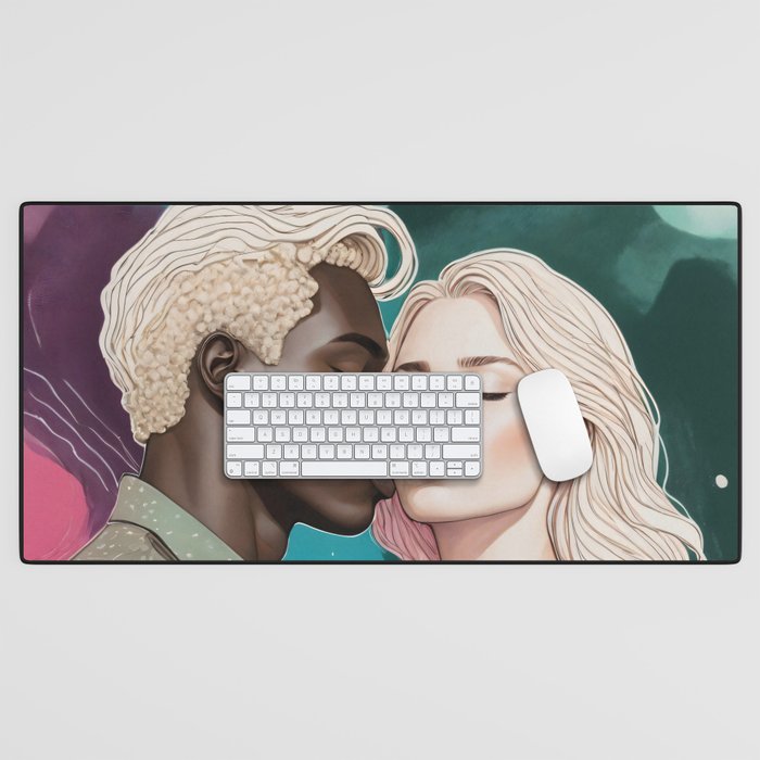 Cosmic Romance, Love Passion Race Diversity, Anti-racism Equality Mindset Society, Community Marriage Couple Interracial Painting Desk Mat Gallery Image 1
