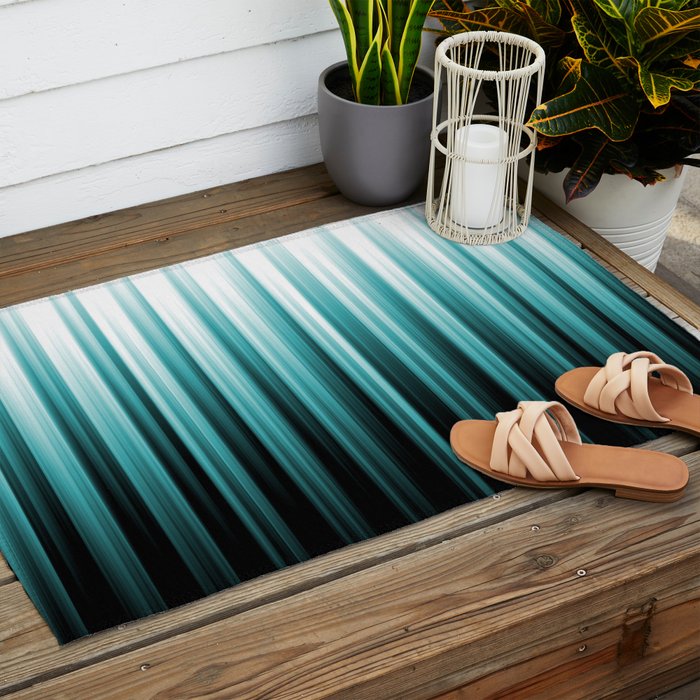 Aqua Teal Turquoise & White Abstract Soft Ombre Line Stripe Pattern on black - Aquarium SW 6767 Outdoor Rug Gallery Image 2
