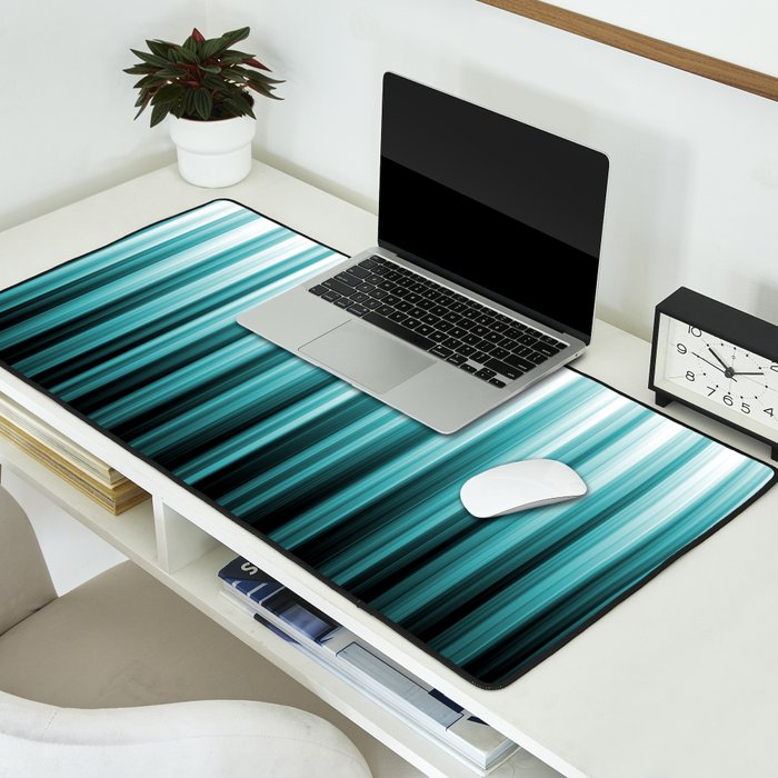 Aqua Teal Turquoise & White Abstract Soft Ombre Line Stripe Pattern on black - Aquarium SW 6767 Desk Mat Gallery Image 2