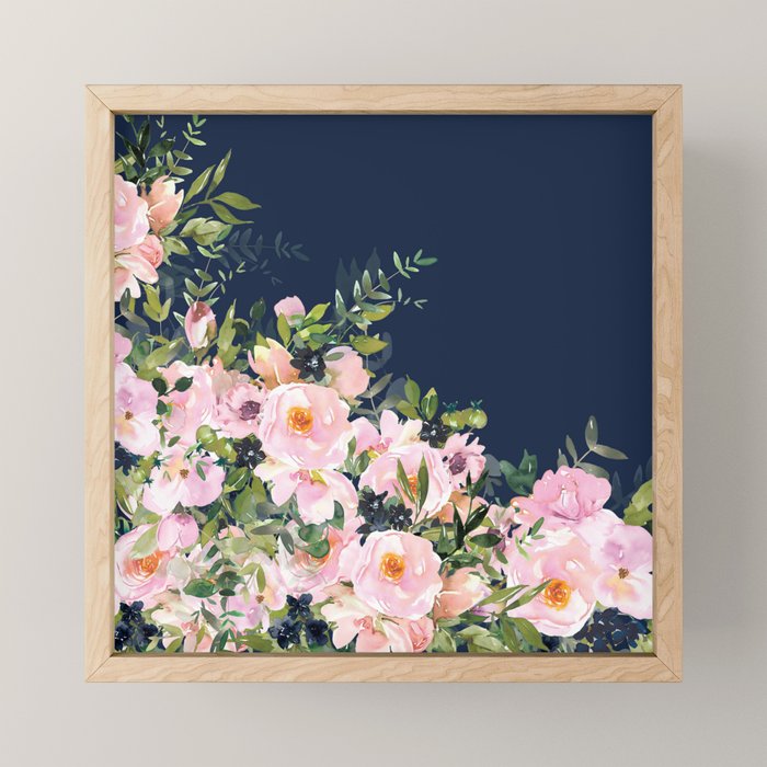 Floral Watercolor, Roses, Navy Blue and Pink, Vintage Art Mini Art Print Gallery Image 1