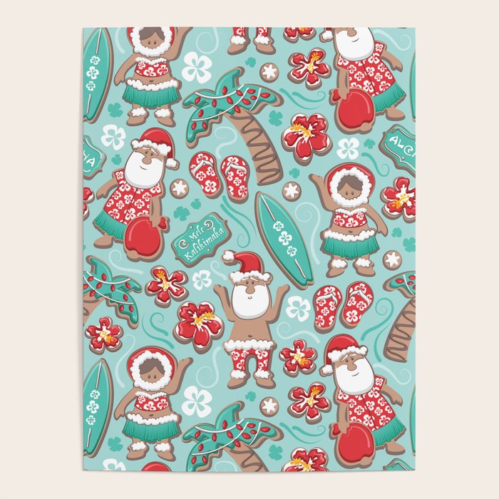 Mele Kalikimaka Hawaiian Christmas gingerbread cookies // aqua background Poster Gallery Image 1